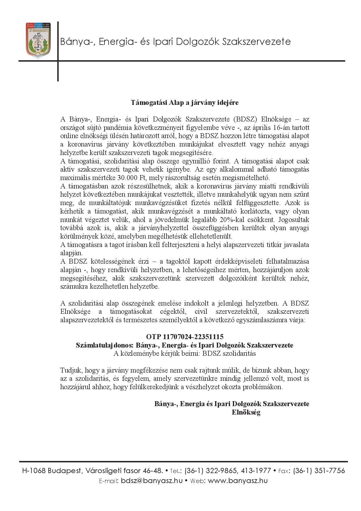 Sajtóközlemény támogatási alap BDSZ